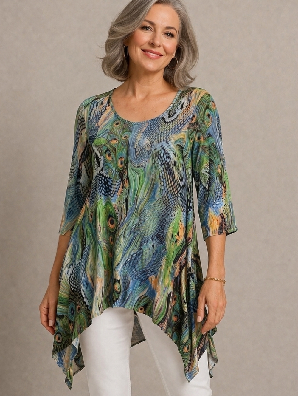 LA MODA BEACH Fairycore Peacock Assymetric Handkerchief Sharkbite Blouse Medium
